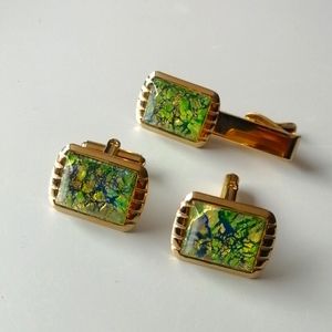 Vintage Groovy 1960-70s Green Glitter Sparkly Confetti Tie Bar & Cufflinks